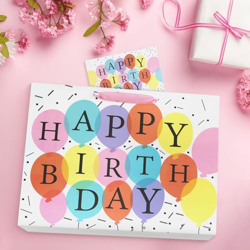 Image of JMANNI Large Happy Birthday Gift Bag with Tissue Papers and Greeting Card,Portable Paper Gift Bags with Handles,Present Bags for Women Birthday Party Supplies 13 inch x10.2 inchx4.7 inch(Coloured Balloon)