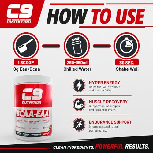 Image of C9 NUTRITION BCAA + EAA Powder | Sugar Free Workout Muscle Recovery & Endurance Drink with 5000mg BCAA, 9000mg EAA, 500 mg L-Arginine | Amino Acid Supplements (30 Servings, Watermelon Flavour)