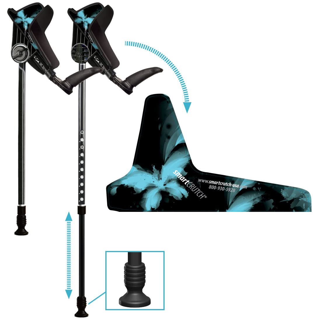 Ergonomic Custom Forearm Crutches for Adults, Multiple Colors, Adjustable Forearm Rotates 15-90 Degrees - Heights 4'4" to 6'4" - 265 lbs Non Weight Bearing