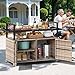 DWVO XL Outdoor Storage Cabinet,Patio Storage Table with Glass Top, Bar Table with Wheels,Outdoor Bar Cart for Patio, Poolside and Backyard,Light Brown