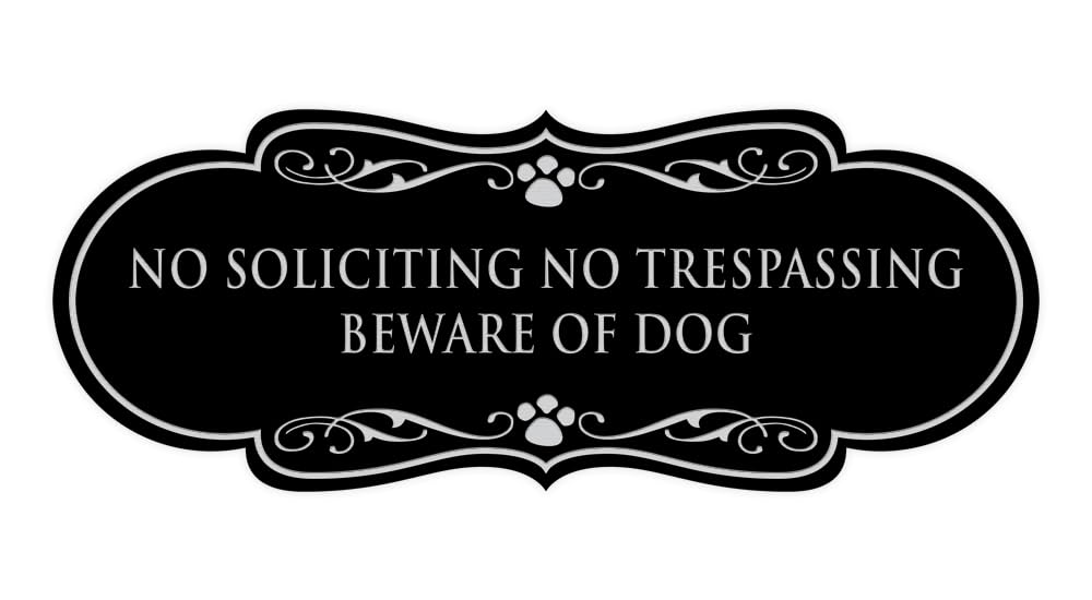 Designer Paws, No Soliciting No Trespassing Beware of Dog Sign (Black/Silver) - Large 2 Pack