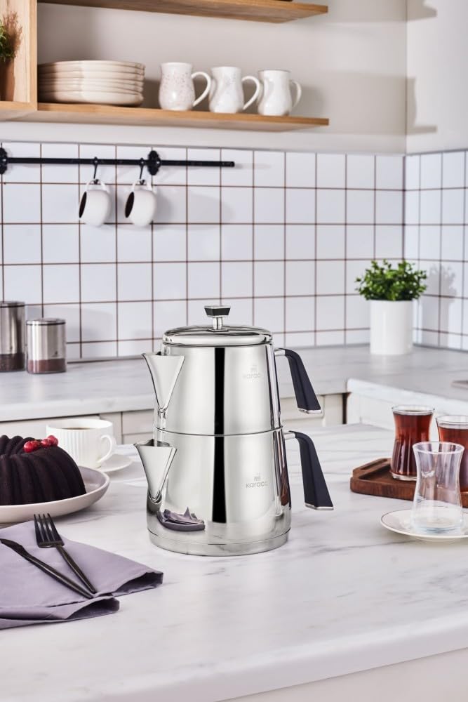 Karaca Fiona Schwarzes Türkisches Teekannen-Set, Induktionsgeeignet, 1L Teekanne & 2L Teekessel aus Edelstahl, Spülmaschinenfest, Türkische Teekanne, Teekocher, Tea Maker, Caydanlik, Demlik