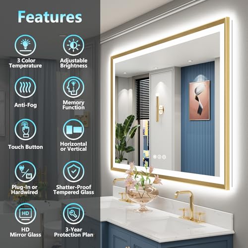 Image of 66x36 Gold Beveled LED Bathroom Mirror Backlit & Front Lit Anti-Fog | Brushed Gold Framed, Anti-Fog Lighted Vanity Mirror, Dimmable, 3-Color Light, Memory, CRI95, HD Tempered Glass, UL Listed