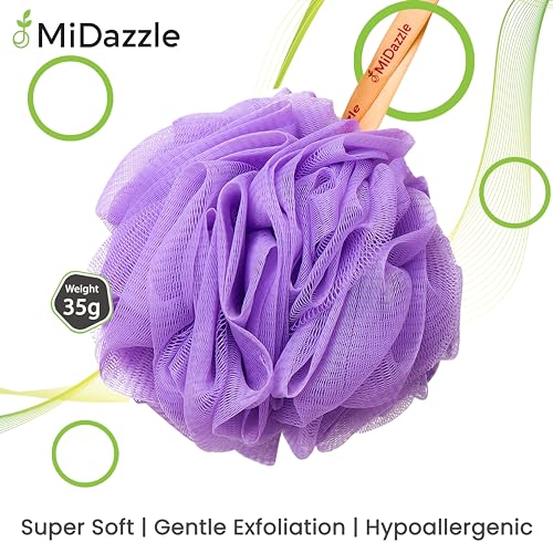 Image of Midazzle Luxury Loofah Bathing Sponge Exfoliator Scrubber for High Lather Cleansing (Small, Pack of 2, Purple & Green)