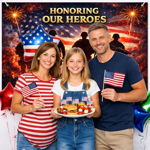 Image of BlissYard Patriotic Banner 71x43 Inches 4th of July Decorations Honoring Our Heroes Memorial Day Backdrop Veterans Day Banner American Flag Military Tribute Banner Patriotic Decorations for Indoor Outdoor Home Yard Party Supplies