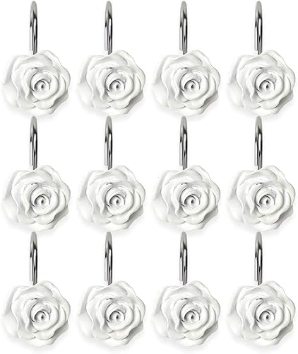 12 ganchos para cortina de ducha, decorativos para el hogar, ganchos para cortina de ducha a prueba de óxido, ganchos de resina con rosas y flores,