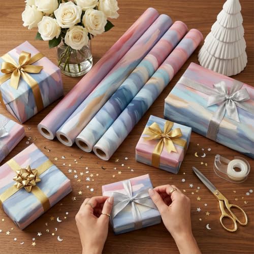 Image of Prettykrafts Handpaint Scenic Gift Wrapping Paper | Pack of 5 | 70x50x0.2 cm | Large Size | Reusable & Eco-Friendly Paper Bags for Gifting, Parties, Return Gifts, Shopping and Special Occasions