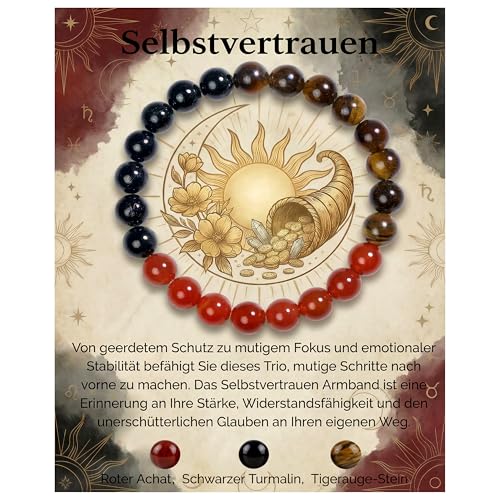 Bivei Selbstvertrauen Armband, Stärkendes Kristall-Heilungsarmband 8MM mit Roter Achat, Schwarzem Turmalin und Tigerauge - Dehnbares Elastischer Perlenarmband für Damen & Herren als Geschen
