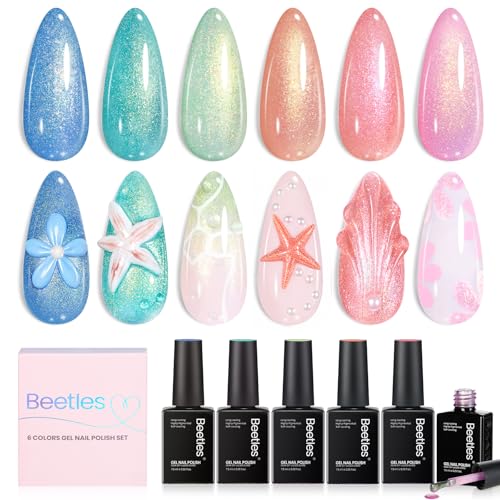 Beetles Glitter Gel Nail Polish Set Starfish Gleam Summer Pastel Sparkly Gel Polish Set 6 Colors Blue Pink Nude Shimmer Soak Off Uv Gel Nail Polish for DIY Nail Art Salon Gifts for Women
