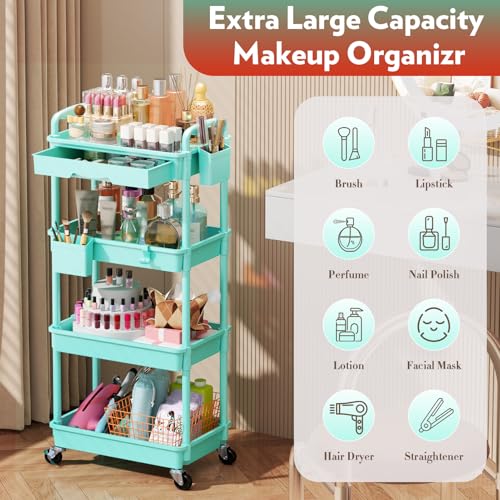 Image of SUNALLY Makeup Cart Organizer with Drawer, 4 Tier Rolling Makeup Cart, Blue