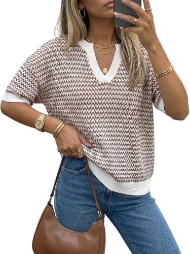 Arach&Cloz Womens 100% Cotton Short Sleeve Sweater Polo V Neck Striped Pullover Knit Spring Summer Casual Trendy Fashion 2026 Brown M