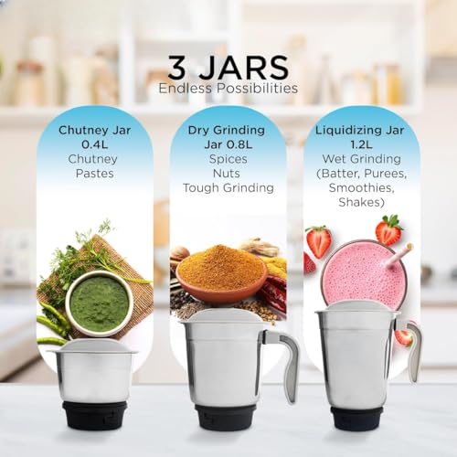 Image of 500 Watts Mixer Grinder (3 Jars, White & Black) - Heavy Duty Copper Motor Mixie with 3-Speed Control | Rust-Proof Stainless Steel Jars & Pulse Function | Compact & Durable Kitchen Grinder