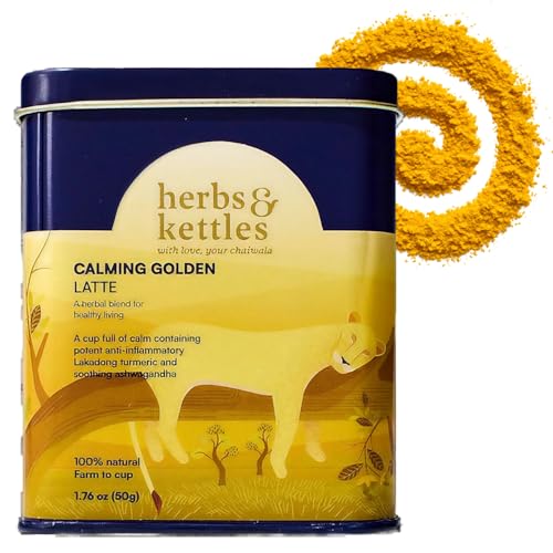 Image of Herbs & Kettles Calming Golden Turmeric Latte | Caffeine-Free Blend with Turmeric, Ashwagandha & Spices | 25-30 servings | Ayurvedic Drink for Warming, Soothing & Wellness | Golden Latte Mix, 1.76 oz | Enjoy Hot or Iced