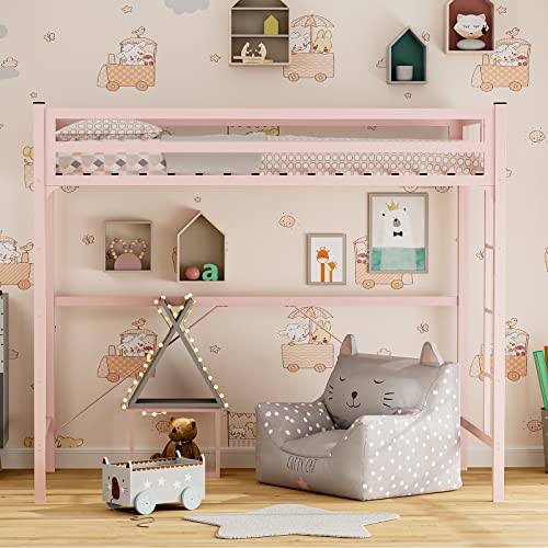 IKIFLY-Metal-Twin-Size-Loft-Bed-Frame-Heavy-Duty-Princess-Cute-Loft-Beds-with-2-Ladders-Safety-Guard-Rail-Space-Saving-Noise-Free-No-Box-Spring-Needed-Pink