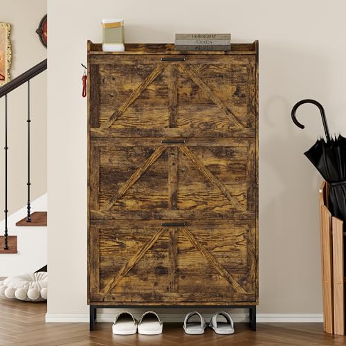 Image of BORNOON Shoe Cabinet with 3 Flip Drawers Narrow Shoe Storage Cabinet Organizer Wooden Freestanding Shoe Rack Hidden Slim Shoes Storage Cabinet for Entryway, Hallway, Living Room, Bedroom