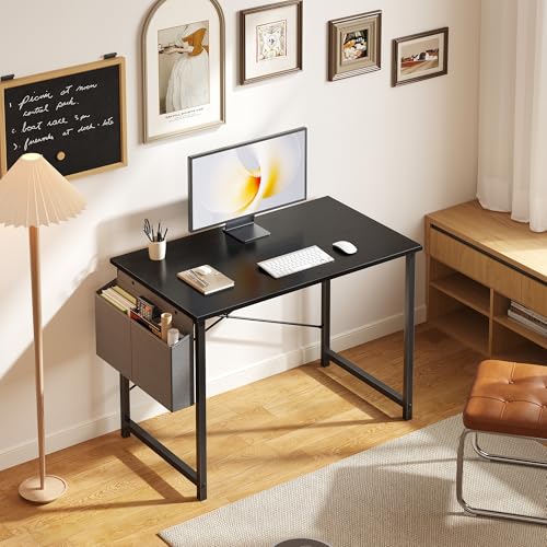 Image of OLIXIS Small Computer Desk, 40 Inch Gaming Desks for Home Office | Writing Study Craft Work Table, Computer Workstation for Bedroom Small Spaces with Storage Bag, Black