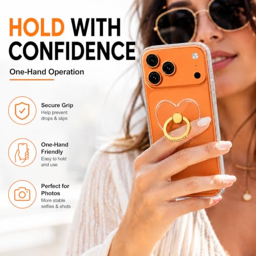 Image of Mizi 2Pack Transparent Heart Phone Ring Holder Kickstand, Bling Crystal Finger Grip Stand with 360 Rotation for iPhone, Samsung, Android Phones & Cases - Gold