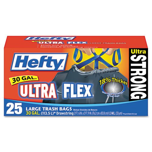 Ultra Flex Waste Bags, Drawstring, 30 gal, 1.05 mil, 6" x 2.1", Black, 150/Carton