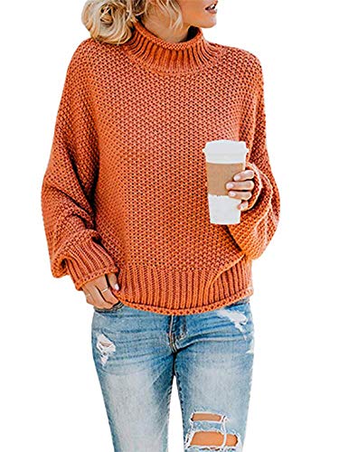 Womens Oversized Turtleneck Knit Sweaters Casual Chunky Baggy Pullover Batwing Long Sleeve Loose Tops (G-Orange, S)