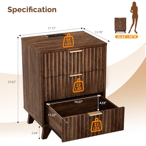 Image of VINGLI Walnut Nightstands Set of 2 with Charging Station, Fluted Nightstand 3 Drawer Night Stand, Mid Century Modern Night Stand for Bedroom, Fluted Bedside Table /End Table /Side Table, 2 pcs