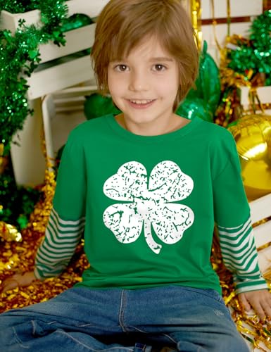 Image of Unisex Kid's St Patrick's Day Shamrock Top Striped Patchwork Irish Clover Long Sleeve Shirt 4-14 Years
