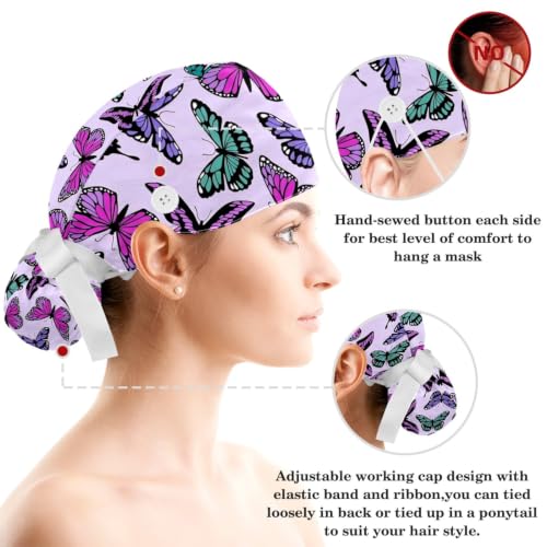Image of Colored Butterflies Scrub Caps Women Ponytail, Adjustable Bouffant Surgical Caps with Button, Nurse Hats Long Hair