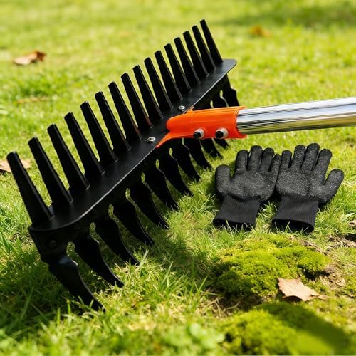 15" Heavy Duty Thatch Rake - Different Two-Row 29 Tines Metal Dethatcher with Strong Adjustable Handle for Lawn Yard Leaf Weed Removal & Soil Loosening