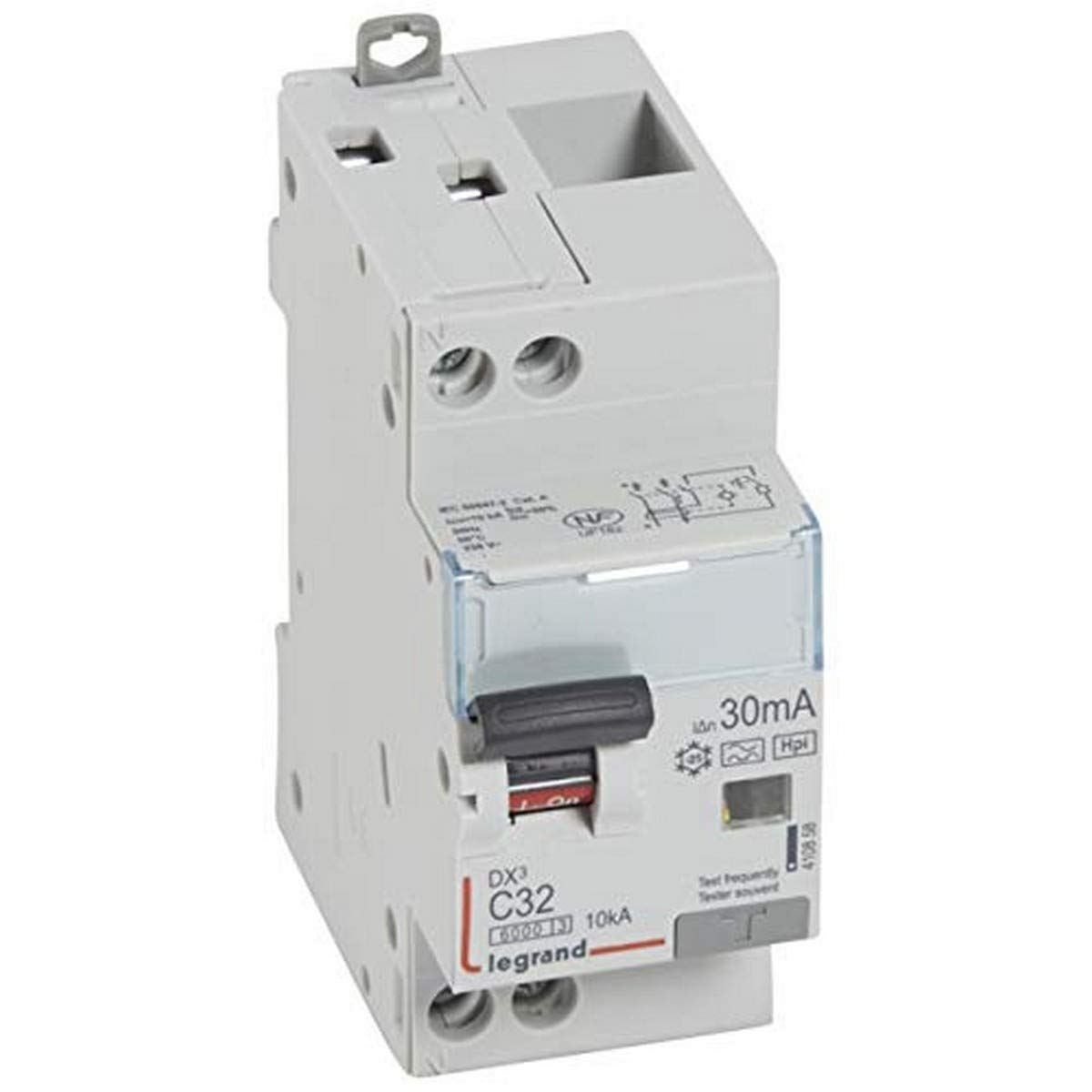 Legrand 410858 Disjoncteur différentiel monobloc DX³6000 10kA arrivée haute et départ bas à vis, U+​N 230V, 32A typeF, 30mA