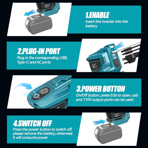 Image of Ecarke 200W Portable Power Inverter Compatible with Makita 18V Battery, DC 18V to AC 110V Power Station with 1 AC Outlet, 2 USB, 1 Type-C & LED Light, for Outdoor Emergency Use (No Battery)
