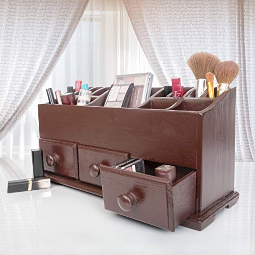 Vanity Drawer Beauty Organizer 3 Drawers - Wooden Cosmetic Storage Box for Neat & Organize Storing of Makeup Tools, Small Accessories at Home & Office Vanities & Bathroom Counter-top (Dark Brown) - Thumbnail 7
