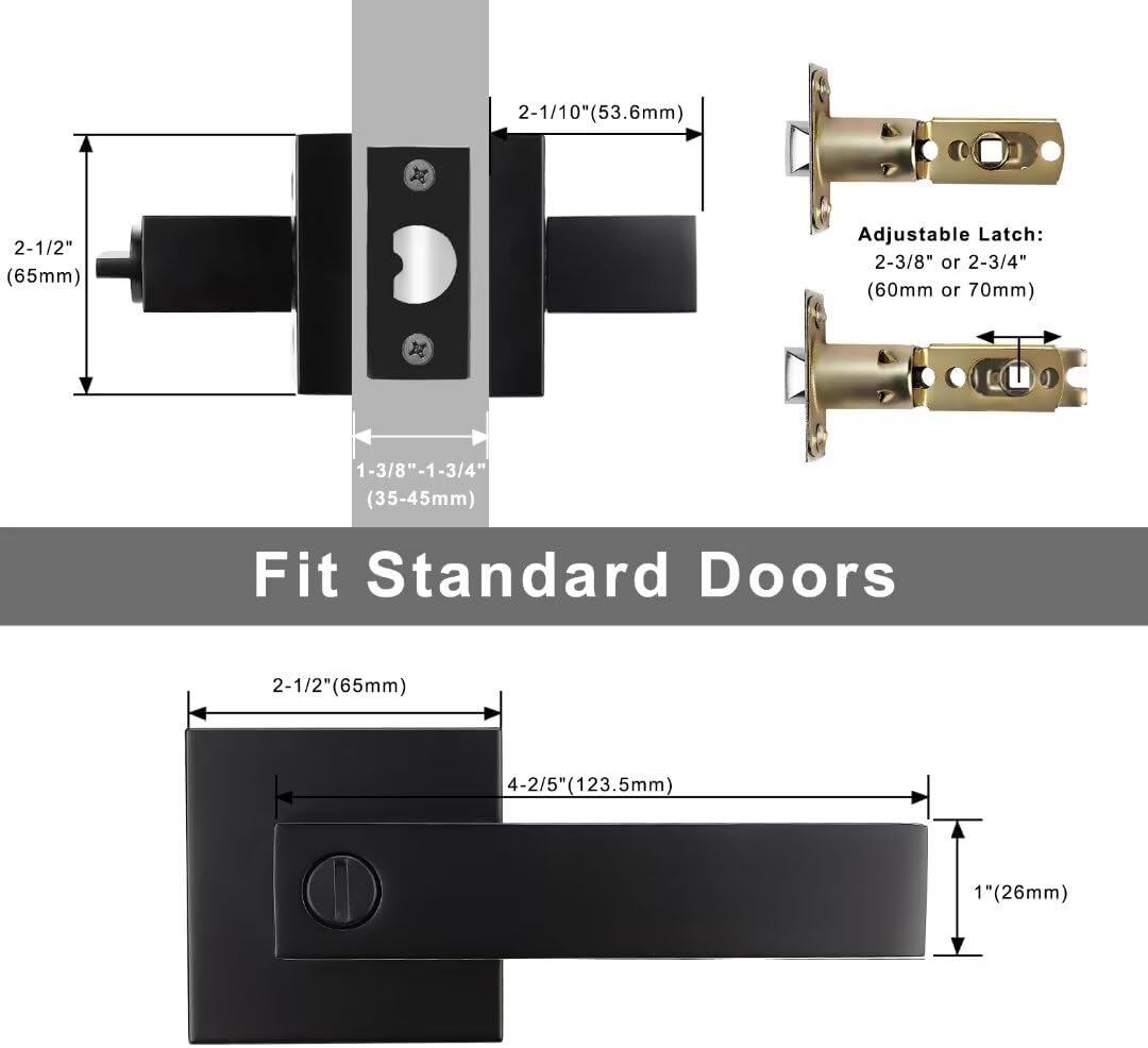 10 Pack Matte Black Privacy Door Lever for Bedroom or Bathroom, Keyless Square Locking Door Handle, Heavy Duty Interior Door Handle, Reversible for Left Right Doors