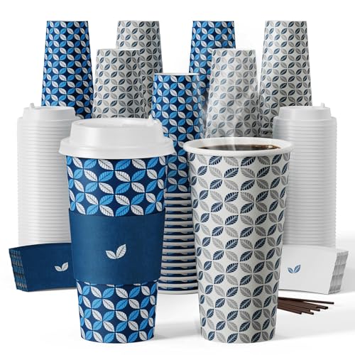JOLLY CHEF 100 Pack 20 oz Disposable Coffee Cups Hot Paper Coffee Cups with Lids Sleeves and Stirrers for Home Office Cafe (Blue Leaf and Grey Leaf)