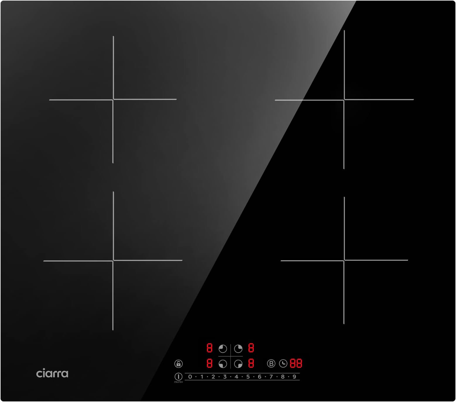 CIARRA CBBIH4B 4 Zone Built-in Induction Hob with Power Booster Touch Control Induction Hob Ceramic Glass 9 Power Levels Function Child Safety Lock Black