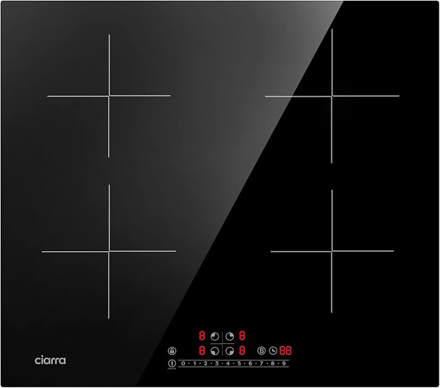 CIARRA CBBIH4B 7200W Built-in Induction Hob 4 Zones with Boost Function Touch Control Ceramic Glass Plate 9 Power Levels Child Safety Lock Black