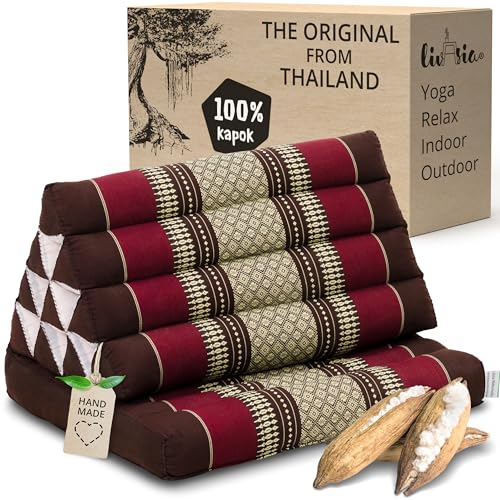 livasia Thai cushion with 1 seat rest - 30x20x3.1″ - Triangle cushion with seat cushion, Wedge cushion, kapok, Back support cushion, folding, Thai mat, folding, Hand made (Wine Red)