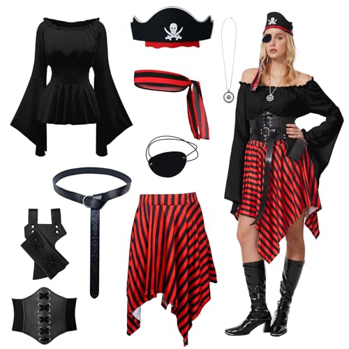 OPAEHJF 9 Stück Piraten Kostüm Damen Halloween Strampler Kleid Shirt Bandana Korsett Taillengürtel Augenklappe Renaissance Korsett Kleid Passend...