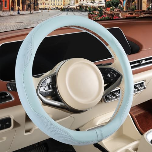 Binsheo Nappa Leather Blue Steering Wheel Cover Advanced Microfiber Leather Non-Slip Breathable Fabric Warm in Winter and Cool in Summer Universal 15 inch