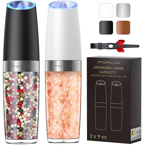 FORLIM Electric Salt and Pepper Grinder Set, Upgraded 9 Oz Capacity Refillable Battery Operated Automatic Salt and Pepper Grinder Shakers Mill, Adjustable Coarseness One Hand Operation(Black & White) Cover