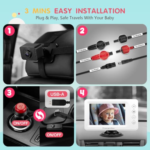 Image of S100P Baby Car Camera with Ultra Night Vision, 5'' HD 1080P IPS Baby Car Monitor with 3X Zoom, Backseat /Carseat /Rear Seat Camera USB, Easy No-Damage Install, Safety for Infants and Pets (5 inch White)