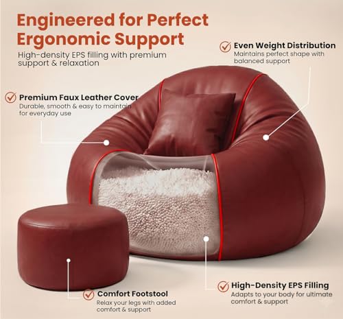 Image of Sattva Piping 2XL Sofa Style Bean Bag Chair with Beans Filled | Faux Leather Bin Bags Combo with Footstool & Cushion | Pre-Filled Beam Bag for Adults, Living Room & Bedroom - Tan /Red Piping