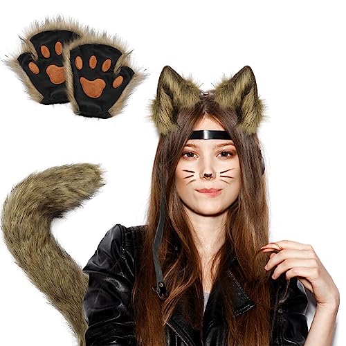 Faux Fur Fox Cat Ears Hair Headband Tail Gloves Set Fluffy Cat Fox Wolf Tail Ears Hair Clip Claw Gloves for Anime Fancy Dress Party Halloween Christmas Dress Up Carnival Role Play - Image 3