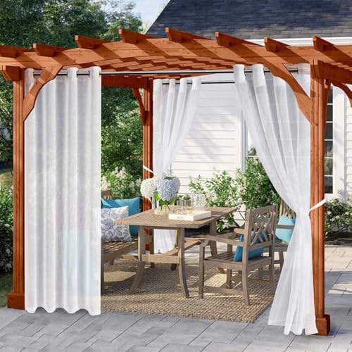 2 Panels White Outdoor Sheer Curtains For Patio Waterproof 132 * 213cm 132 * 243cm 132 * 274cm Sheer Curtains For Pergola, Porch, Cabana And Gazebo Indoor, Outdoor Voile Sheer Drapes(132 * 243cm)