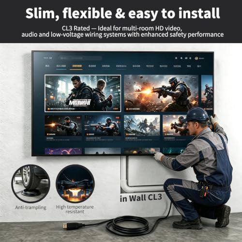 10k 8K Fiber Optic in-wall CL3 Rated HDMI Cable Long 30FT 48Gbps Certified High speed HDMI 2.1 Cord 8K@60Hz 4K@120Hz 10K@30Hz,HDCP 2.2/2.3 eARC HDR10 Dolby Compatible with PC TV Monitor Laptop PS4/PS5