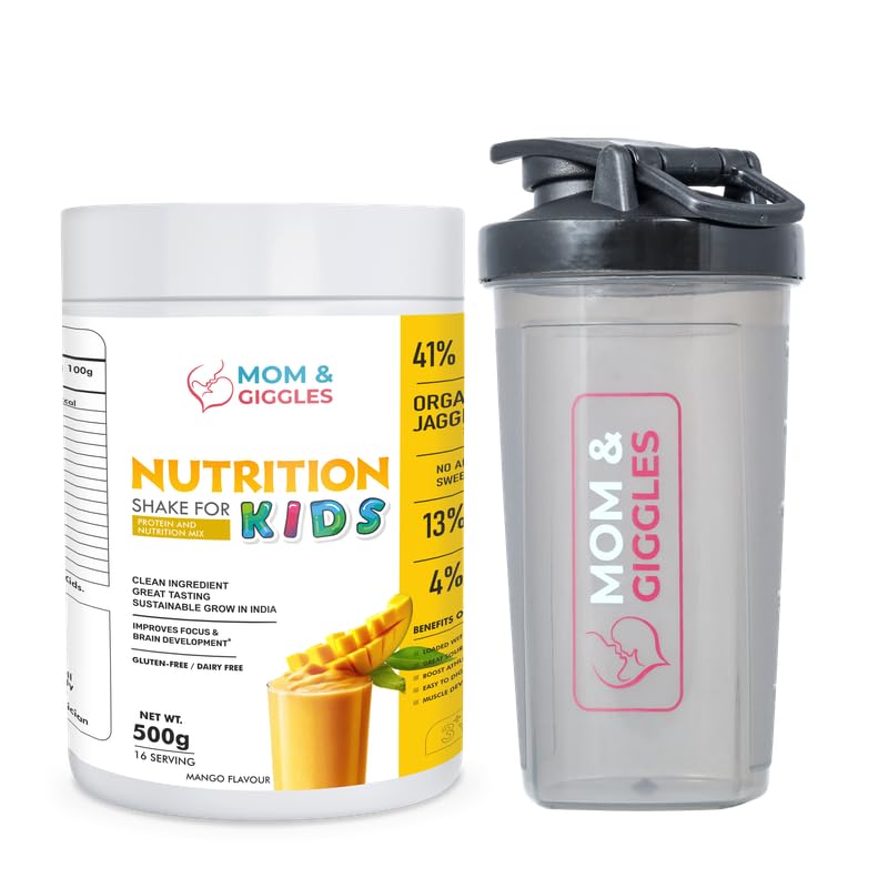 Image of MOM & GIGGLES Plant Based Protein Powder For Kids | Vegan protein Powder | Chocolate Protein Powder | Pea Protein Powder | Kids Nutrition Shake With Shaker - (MangoFlavour) Pack of 1-500 gm