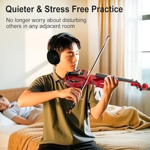 Image of Vetimobato Electric Violin 4 /4 Full Size Solid Wood Silent Violin Set for Adults Beginner Practice Electric Fiddle with Ebony Fittings Hard Case & Bow(5 String Burgundy)
