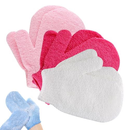 Exfoliating Gloves 6pcs Bath and Body Exfoliator Mitts, Bamboo Shower Gloves, Scrubs Away Ingrown Hair and Dead Skin, for Shower, Spa, Massage and Dead Skin Cell Remover Loofah (Pink, Rose Red, White)