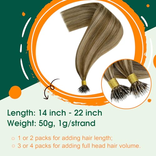 Easyouth Nano Hair Extensions Human Hair Highlight Brown Hair Extension Nano Human Hair Medium Brown with Honey Blonde Nanobeads Hair Extensions Real Human Hair Cold Fusion 14 Inch 50g/50s #P4/27 - Image 2