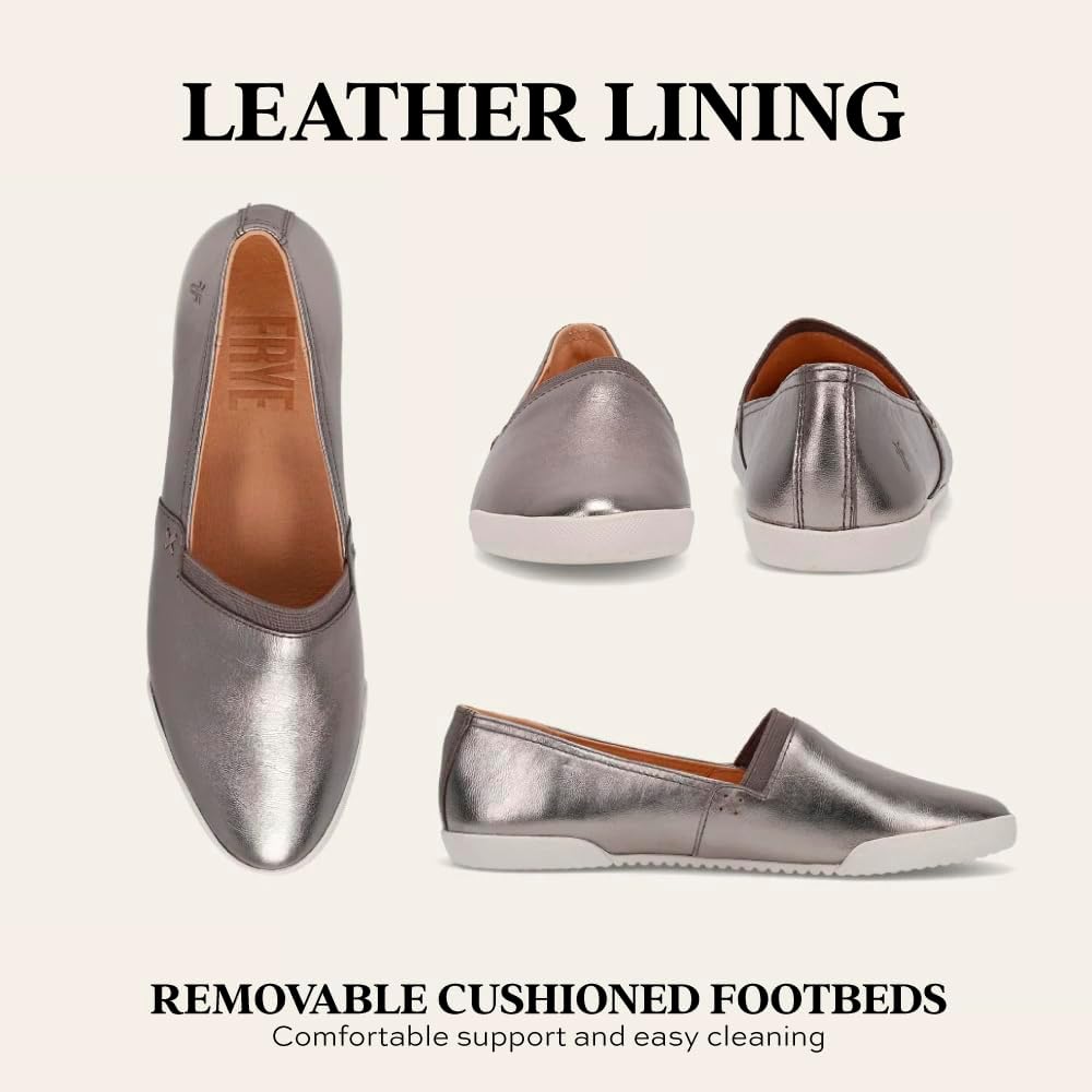 Frye Melanie Slip On Shoes for Women Crafted from Premium Leather with White Rubber Toe Bumpers and Soles, Leather Lining, and Removable Footbeds 1 Outsole 9 Dark Pewter