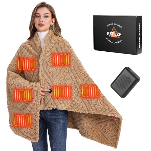 Shaggy Heated Throw Blanket with Power Bank- Soft Faux Fur Battery Heated Blanket, Fast Heating, 3 Heat Setting, Machine Washable Electric Blanket, Cordless Heated Blanket 59
