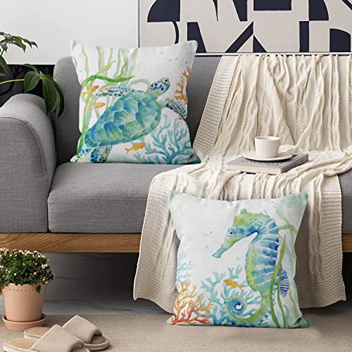 Ocean Theme Pillow Covers 18X18 Set Of 4, Seahorse Turtle Whale Throw Pillow Covers Summer Sea Pillowcase Coastal Accent Decorative For Home Outdoor #TOP3